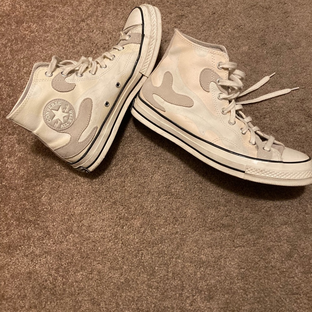 Converse High-Tops in Cream and Gray with faded pink accents
